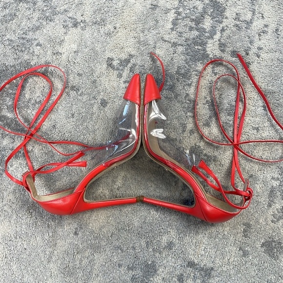 Brother Vellies De Fleur Ankle Tie Pointed Toe Pumps Red Orange PVC Sz 6 - Picture 11 of 15